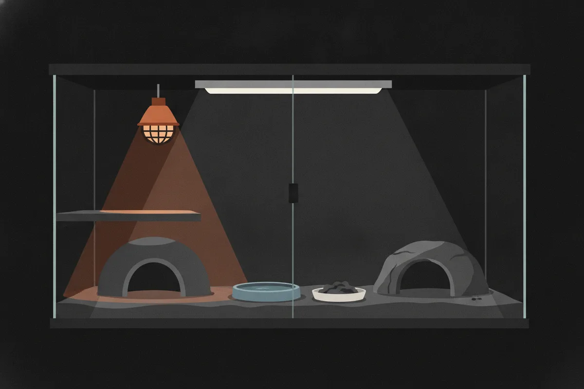 A wooden vivarium with a bearded dragon on a raised platform under a bright bulb at one end, a long UVB tube in the ceiling, a hide at the far end and a dish of chopped greens.