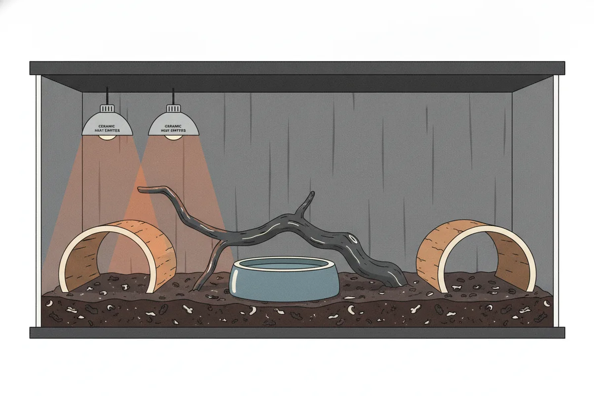 A long wooden vivarium with a large boa constrictor resting on a thick branch, a cork tube hide at each end, a heavy water bowl and guarded heat emitters in the ceiling.