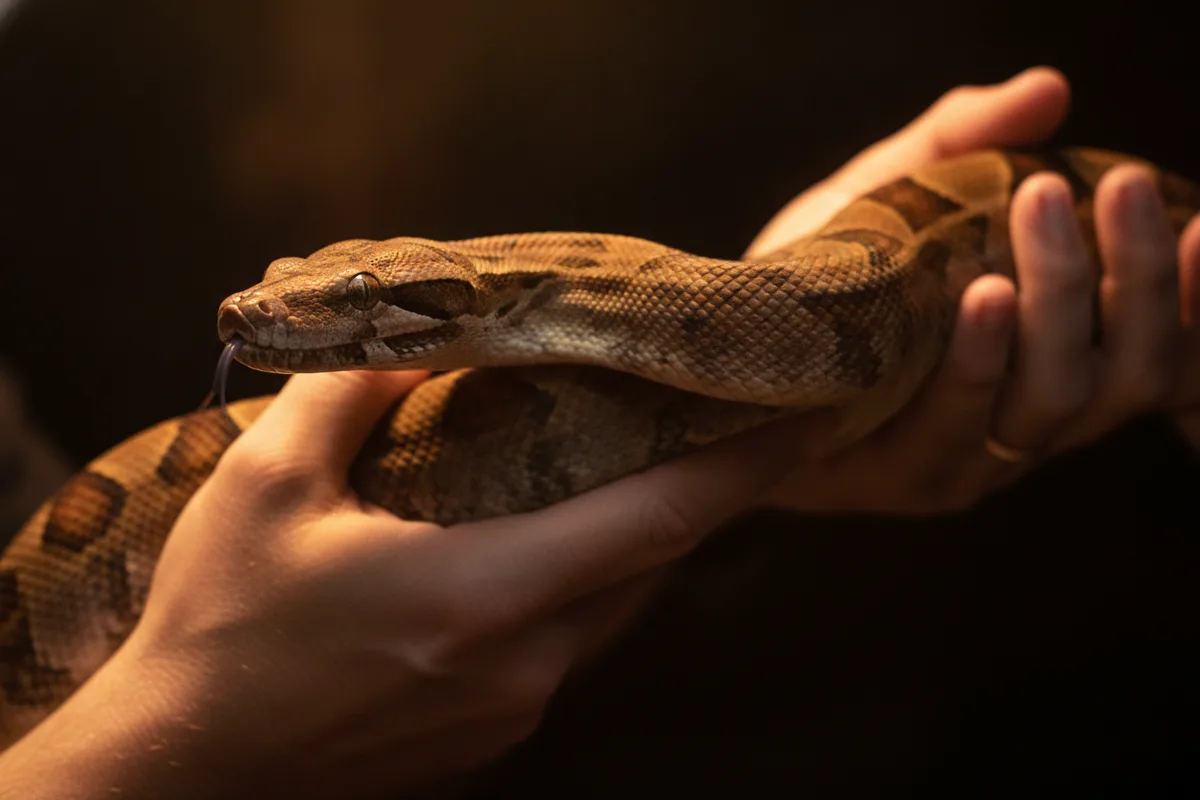 A large boa constrictor supported across the hands of two people, its head free and its body held at several points.