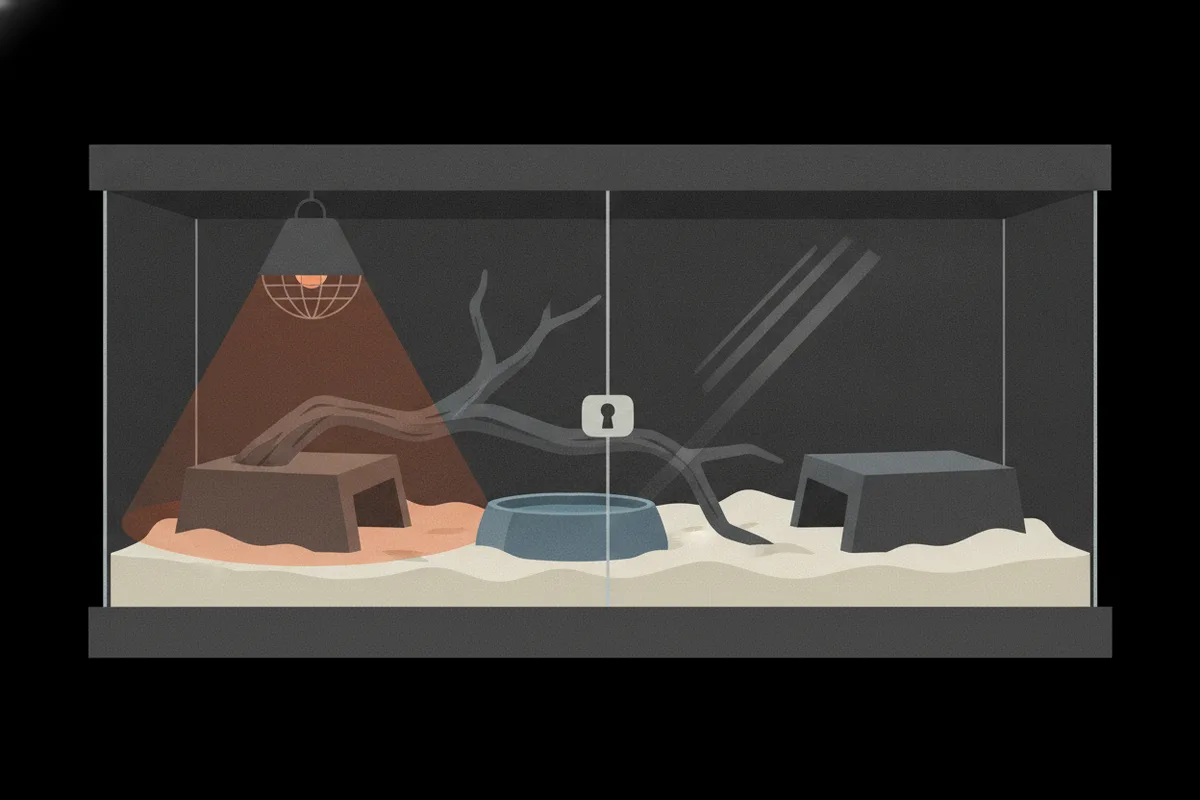 A wooden vivarium with a corn snake climbing a branch, a hide at each end, a water bowl, a guarded heat emitter in the ceiling and a lock on the glass doors.