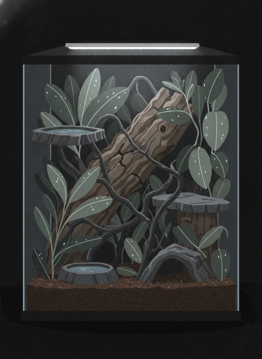 A tall planted glass terrarium with a crested gecko clinging to cork bark near the top, vines and leaves at several heights and a small food dish on a ledge.