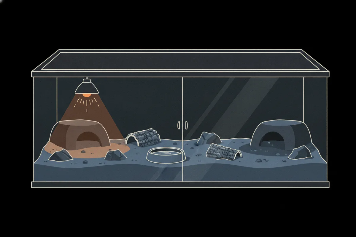 A wooden vivarium with deep sandy substrate, a western hognose half-buried with its upturned snout showing, a hide at each end and a small water bowl.