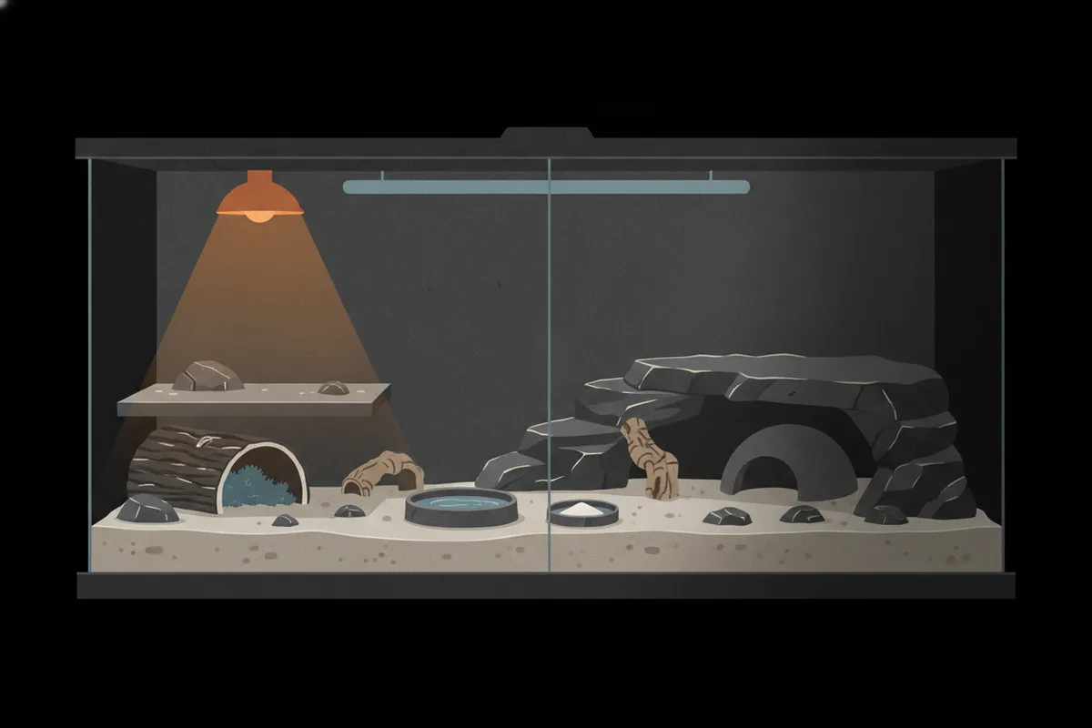 A vivarium for a leopard gecko with three hides, a guarded heat source, a low UVB tube, sandy soil substrate, a water dish and a small dish of calcium powder.