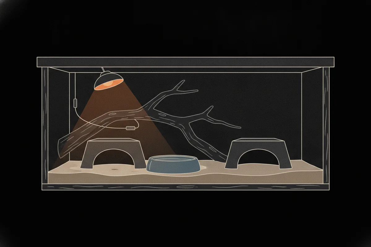 A wooden vivarium with a hide at each end, a water bowl in the middle, a guarded heat emitter in the ceiling and a branch across the substrate.