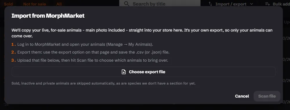 The Import from MorphMarket dialog, with the three export steps and the Choose export file button