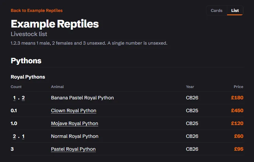 A livestock list: Royal Pythons in trade notation, such as 1.2 Banana Pastel Royal Python, CB26, £180