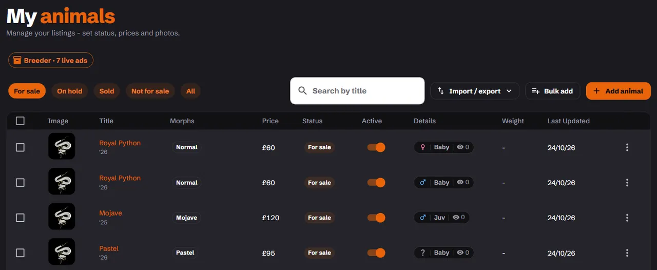 My animals: each listing with its morphs, price, status and Active switch