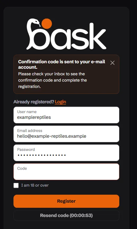 The register page waiting for the emailed code, with a Resend code button
