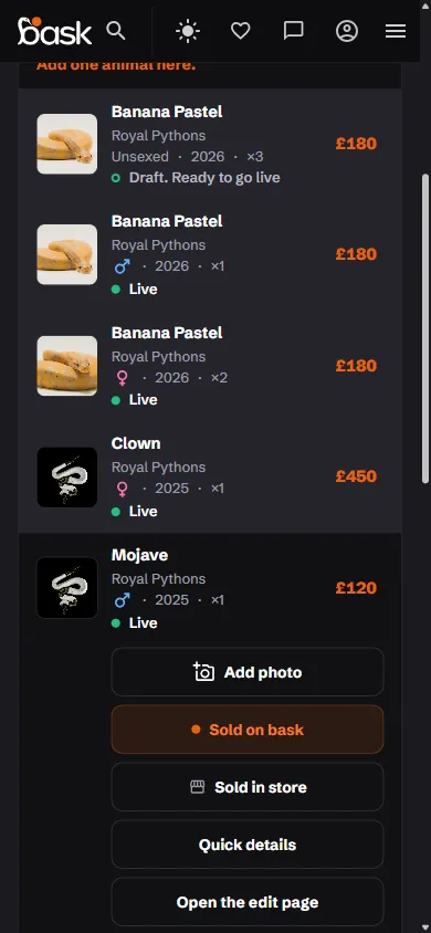 The stock room on a phone: a list of rows, with one opened to show Add photo, Sold on bask, Sold in store, Quick details and Open the edit page