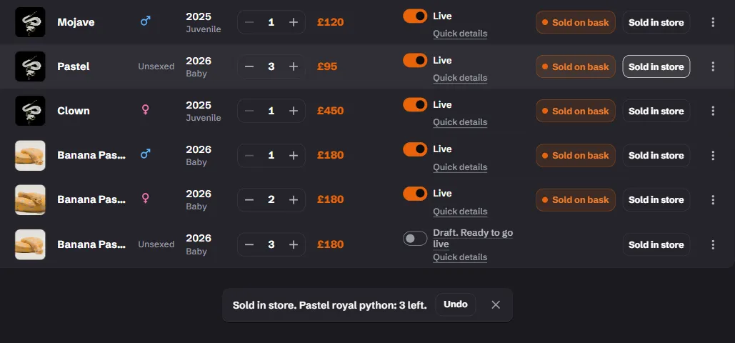 After Sold in store on a line of four Pastels: the count shows 3, and the message reads "Sold in store. Pastel royal python: 3 left." with Undo