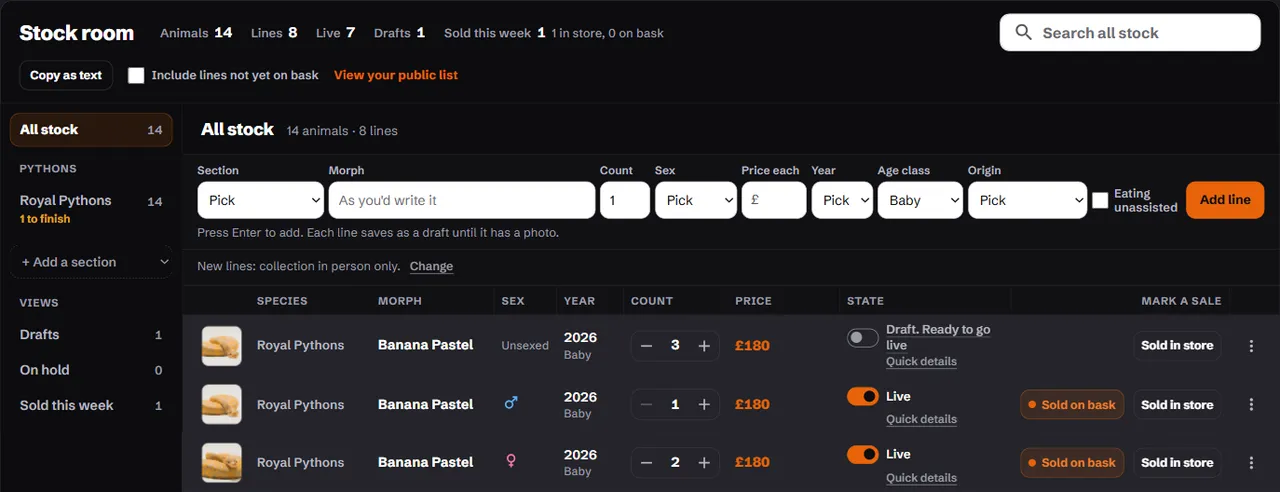The stock room: figures across the top, sections down the left, the entry row, and a row per line with its count, price, state and sale buttons