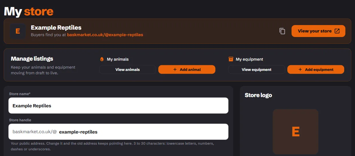 My store: your store address, the listing shortcuts, and the store name and handle fields with the logo panel beside them